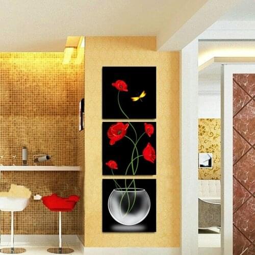 3 Panels Painting Wall Hanging Canvas Picture Paint Modern living room Decorative red flower Home Decor vertical