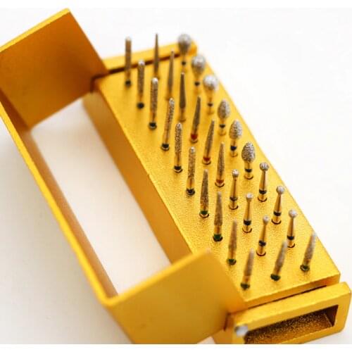 30pcs Dental Diamond Burs Drill Golden Disinfection Block Dentist Teeth Whitening High Speed Handpiece Tools Holder Alumimum Box