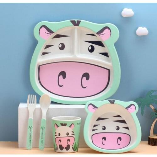 5Pcs/Set Children Tableware Cartoon Shape Anti-scald BPA Free Infant Plate Water Cup Spoon Fork Set Baby Supplies