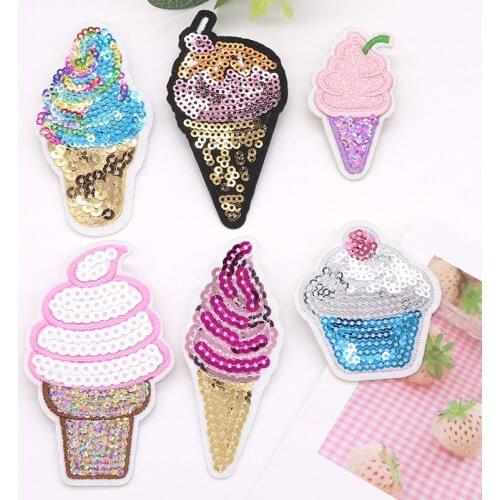 50pcs/lot Embroidery Patches Ice Cream Cake Sequins Clothing Decoration Sewing Accessories Diy Iron Heat Transfer Applique