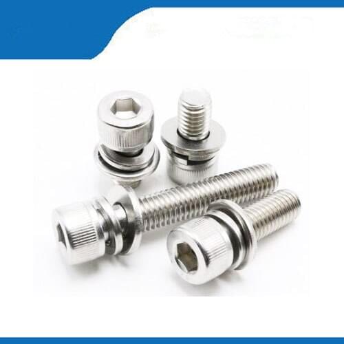 Free shipping 20pcs M3*12mm 304 Stainless Steel Inner Hex Bolt Hexagon Socket combination Lock Washer Sems Assembly Screws