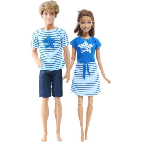 BJDBUS 2 Pcs Doll Couple Outfit Casual Suit Fashion Style Skirt Blue And White Star Clothes for Barbie Accessories Doll Toys