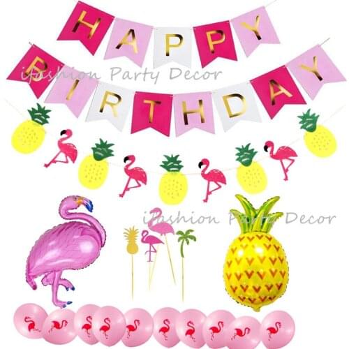 Hawaiian Flamingo Party Decorations Garland Birthday Banner Flamingo & Pineapple Foil Balloon Cocktail Tropical Cupcake Picks