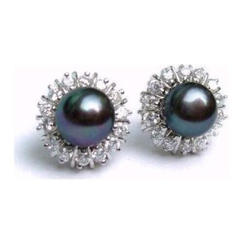Exquisite 8--9mm Akoya Black Natural Pearl Earring