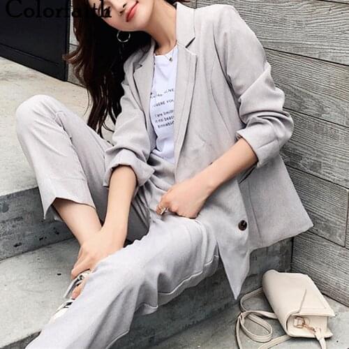 Colorfaith 2021 New Spring Autumn Woman Sets 2 Piece Outfits Matching Pants Casual Double Breasted Elastic Waist Suit WS1265