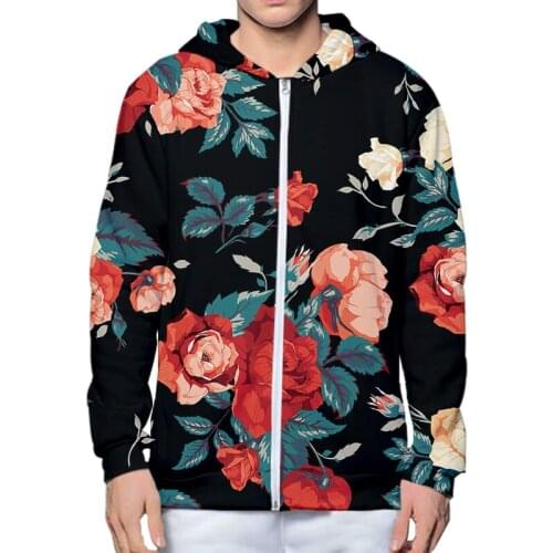 LCFA 2021 Flower Jacket Rose Print Zipper Hoodie 3D Harajuku Streetwear Sweatshirts Loose Outerwear Sweatshirt Zipper Custom