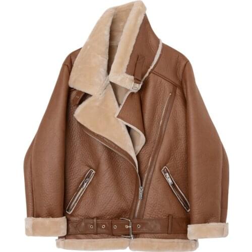 New Women Winter Lambs Wool Jackets Fur Collar Zipper Parka Warm Thick Outerwear Faux Lamb Leather Jacket Leather Coat