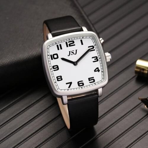 Square English Talking Watch with Alarm,Talking Date and Time,White Dial,Black Leather Band TESW-1704