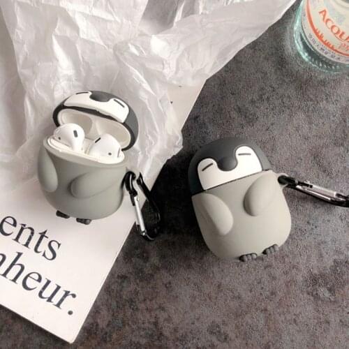 Cute Penguin Style Protective Case Silicone Cover with Carabiner for Airpods 1/2