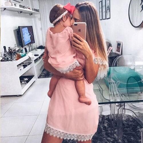 Fashion Mother And Daughter Family Lace Short-sleeved Dress Baby Girl Dress 2021 Summer Mommy And Me Clothes