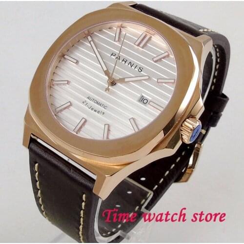 Parnis 44mm MIYOTA plated gold mechanical automatic watch men waterproof steel square leather white dial luminous sapphire 1210