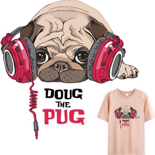 Music Pug Iron On Patches Thermal Transfer Diy New Design Hot Tear T-Shirt Dresses Patches Over Powder Stickers Print