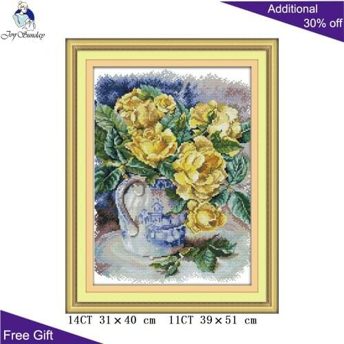 Joy Sunday Yellow Rose Needlepoint H742 Counted and Stamped Home Decor Yellow Rose Oil Painting Embroidery DIY Cross Stitch kits