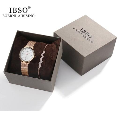 IBSO Womens Watches Bracelet Set 8mm Ultra thin Silver Mesh Stainless Steel Strap Quartz Clock Hours Sets Ladies Birthday Gift