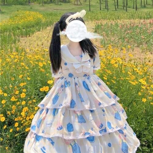 Original Japanese Lolita Sweet Love Pillow Rabbit Op Short Sleeve Cake Dress Female Summer tea party renaissance gothic dress