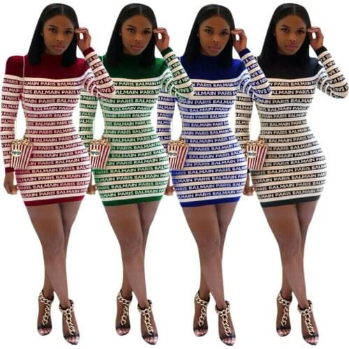 Fall Women Sexy Bodycon Letter Printed High Neck Long Sleeve Clubwear Mini Dress