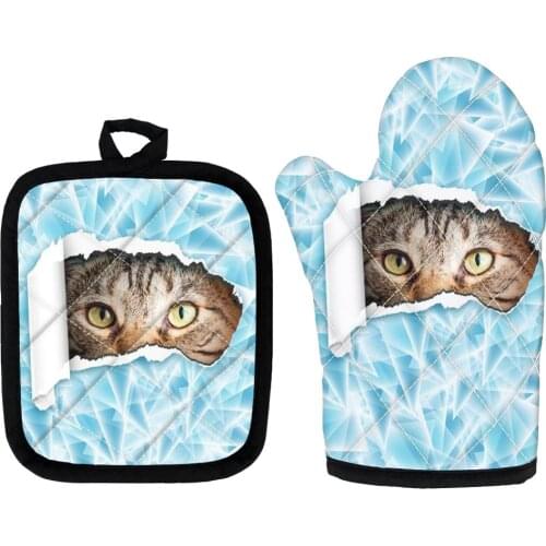Oven Mitts And Pot Holders Sets Non-slip Cooking Microwave Gloves Cat/Dog Print Baking BBQ Oven Mitts Floral Potholders Mitts