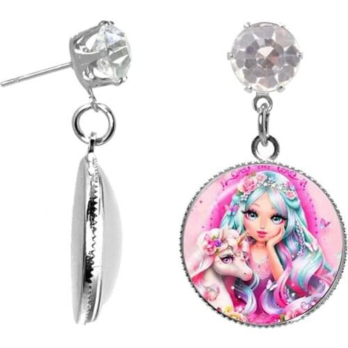 Dropship Lucky Unicorn Horse kids Earrings Glass Cabochon Charm Silver Plated Crystal Stud Earrings For Women Girls Best Gift