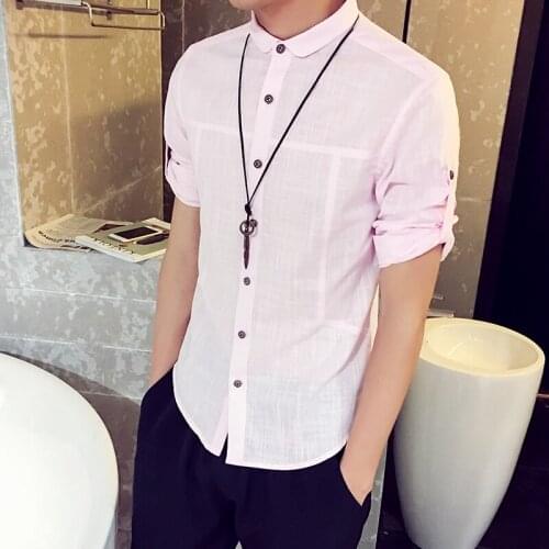 Retro Mens 3/4 Sleeve Linen Cotton Shirts Lapel Button Front Casual Blouse Tops Thin Breathable Male Shirt Big Size