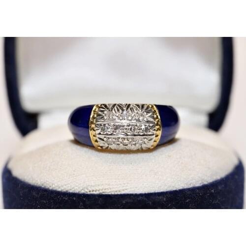 Old Vintage Original 18k Gold Natural Diamond And Enamel Decorated Pretty Ring