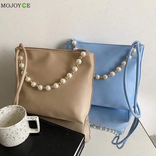 Fashion PU Solid Color Shoulder Underarm Bag Casual Women Pearl Bucket Handbags Shoulder Bags Female Large Capacity Tote