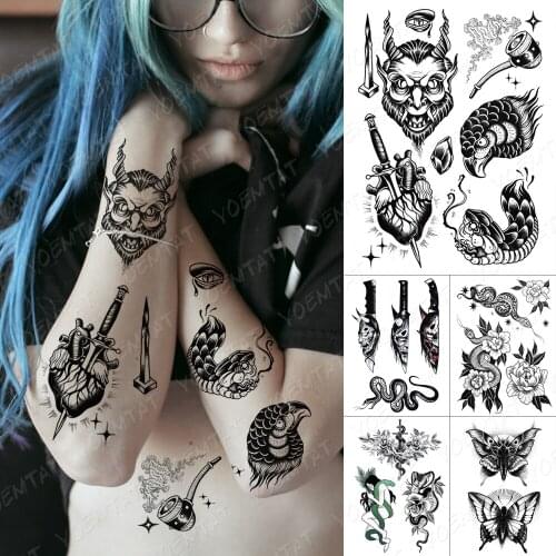 Waterproof Temporary Tattoo Sticker Child Old School Flash Tattoos Black Heart Snake Moth Body Art Arm Fake Tatoo Women Men