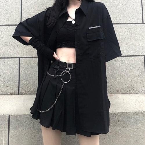 Black Pleated Skirt With Chain-Belt Punk Rock Goth Girl Cheerleading Belted Mini Skirt Alt Women e-girl Outfit