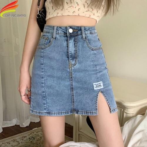 New 2021 Summer Denim Skirt Women With Lining High Waist Blue Or Black Mini Jean Skorts Korean Style Casual Slit Skirt Women