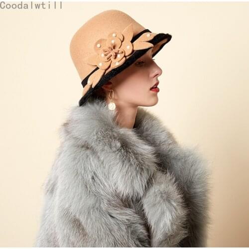 Vintage Black Wool Cloche Hats Wide Brim Fedora Hat For Women Flower Red Brown Felt Winter Bowler Cap Chapeau Feutre Femme