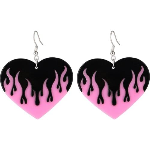 2021 New Heart Flame Acrylic Earrings for Women Big Red Pink Black Unusual Cool Pendants Earring Funny Fashion Geometry Jewelry