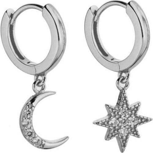 Asymmetric Clip Earrings Moon Star Crystal Earrings for Women Party Fashion Jewelry