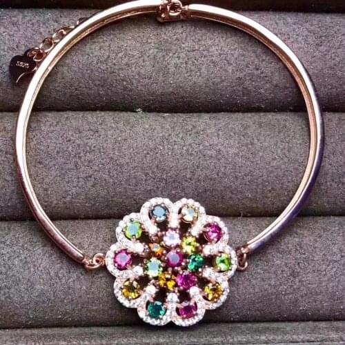 Natural Multicolor tourmaline grace Round flower chain Bracelet Natural gemstone bracelet S925 silver women party fine jewelry
