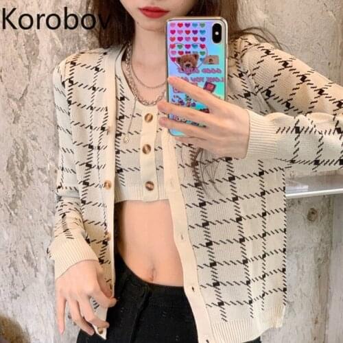 Korobov Vintage V Neck Women Knitted Sweaters Korean Chic Long Sleeve Plaid Female Cardigans 2020 New Chic Sueter Mujer