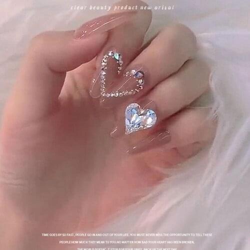 24pcs Fake Nails With Glue Love Rhinestones Wear Long Paragraph Fashion Manicure Patch False Nails Press On Nails Designs DL