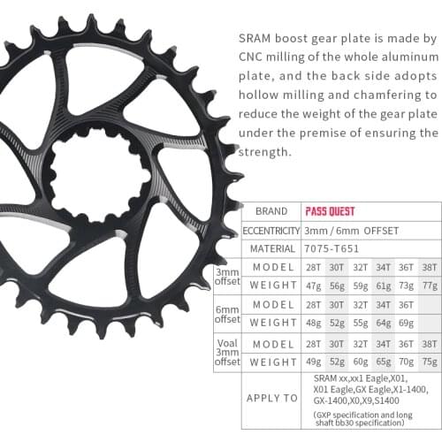 3mm/6mm Offset For SRAM Gx xx1 Eagle GXP PASS QUEST Crankset Round MTB Narrow Wide Chainring 28T 30T 32T 34T 36T 38T Chainwheel