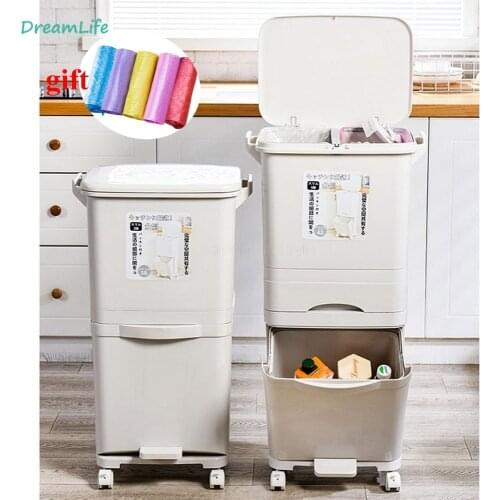 38L Trash Can Large Double Layers Garbage Cans Kitchen Vertical Waste Sorting Bins with Wheel Garbage Holder Recyclable Storage