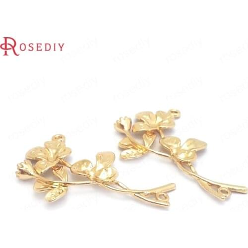 39725)6PCS 30x42MM 24K Champagne Gold Color Brass Flower Branch Charms Pendants Jewelry Making Supplies Findings Accessories
