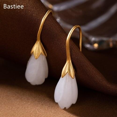 Bastiee Silver 925 Jewelry 925 Sterling Silver Earrings Dangle Earrings Vintage Korean Earrings Golden Plated Jade Silver