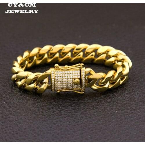 CY&CM 10mm12mm14mm CZ Stainless Steel Curb Cuban Link Bracelet Gold Silver Plated Hip Hop Micro Paved CZ Mens Miami Bangle 8inch