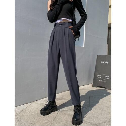 Womens Classic Pants Trouser Suits Women Clothing 2021 High Waist Pockets Button Up Harem Pants Korean Streetwear