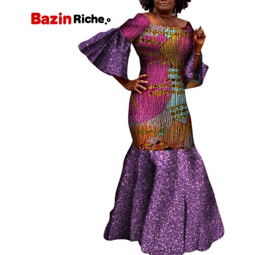 Bazin Riche Dashiki Ankara Dresses for Women Clothing Ruffles Long Sleeve Wedding Clothes Wax Cotton Lady Dresses WY6089