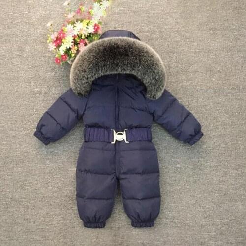 2019 Baby Boys Jumpsuits warm Winter girls Overalls duck down Children Snowsuit Real Fur hood kids outfits clothes