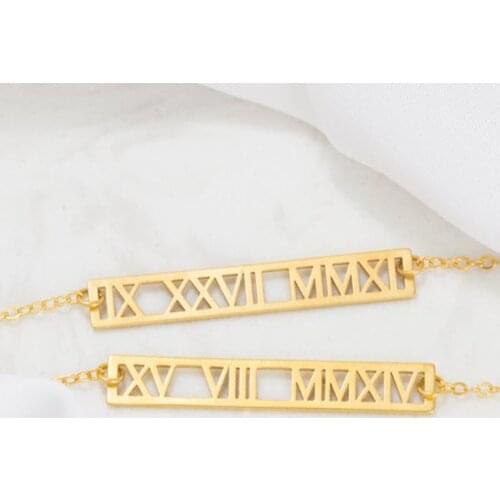 Long necklace Custom Roman numerals gold pendant Personalized date commemorative stainless steel jewelry Anniversary gift Birthd