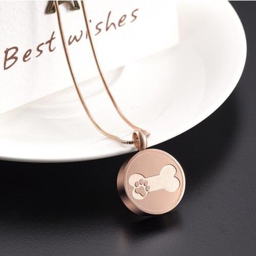 IJD9884 Rose Gold Paw in Bone Round Cremation Cremains Ashes Urn Necklace Memorial Jewelry Hold Pet ashes Necklace