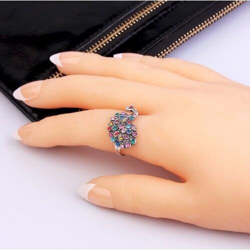 Fashion Metal Animal Bird peacock Rings Unique Fine Cute Jewelry Colorful Rhinestone Ring Gifts For Women Girls Perfect Quality