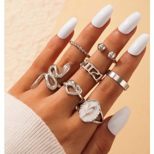 Tocona 7pcs/sets Snake Joint Ring Sets for Women Charms 2021 Letter Heart Leaf Geoemtric Open Ring Party Jewelry Anillo 18216