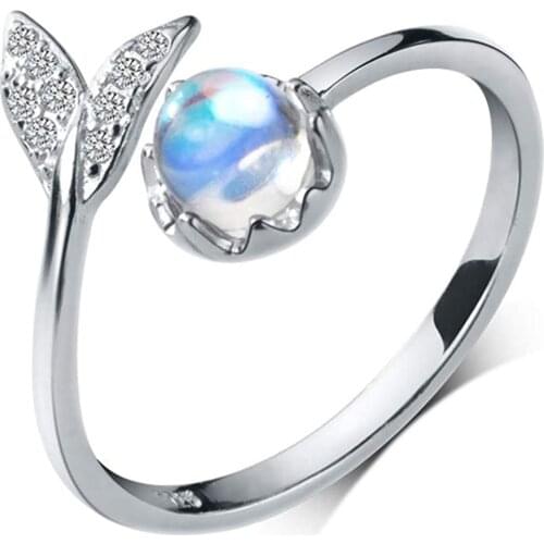 Cute Mermaid Tail Moonstone Open Ring Personality Adjustable Finger Ring Fashion Jewelry for Women Party Elegant Accessories