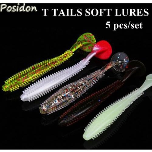 Posidon 5pcs/set Soft Bait Worm Grubs T Tail Wobblers Fishing Lures Aritificial Silicone Bass Pike Fishing Jigging Bait