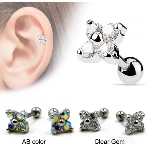 PAIR Surgical Steel Prong Set Flower CZ Gem Square Tragus Cartilage Helix Earring Stud Piercing Ear Body Jewelry 16g