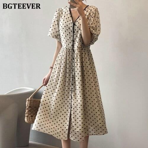 BGTEEVER Chic Stylish Women Polka Dots Print Mid-length Dress V-neck Puff Short Sleeve Slim Female A-line Dress 2021 Summer